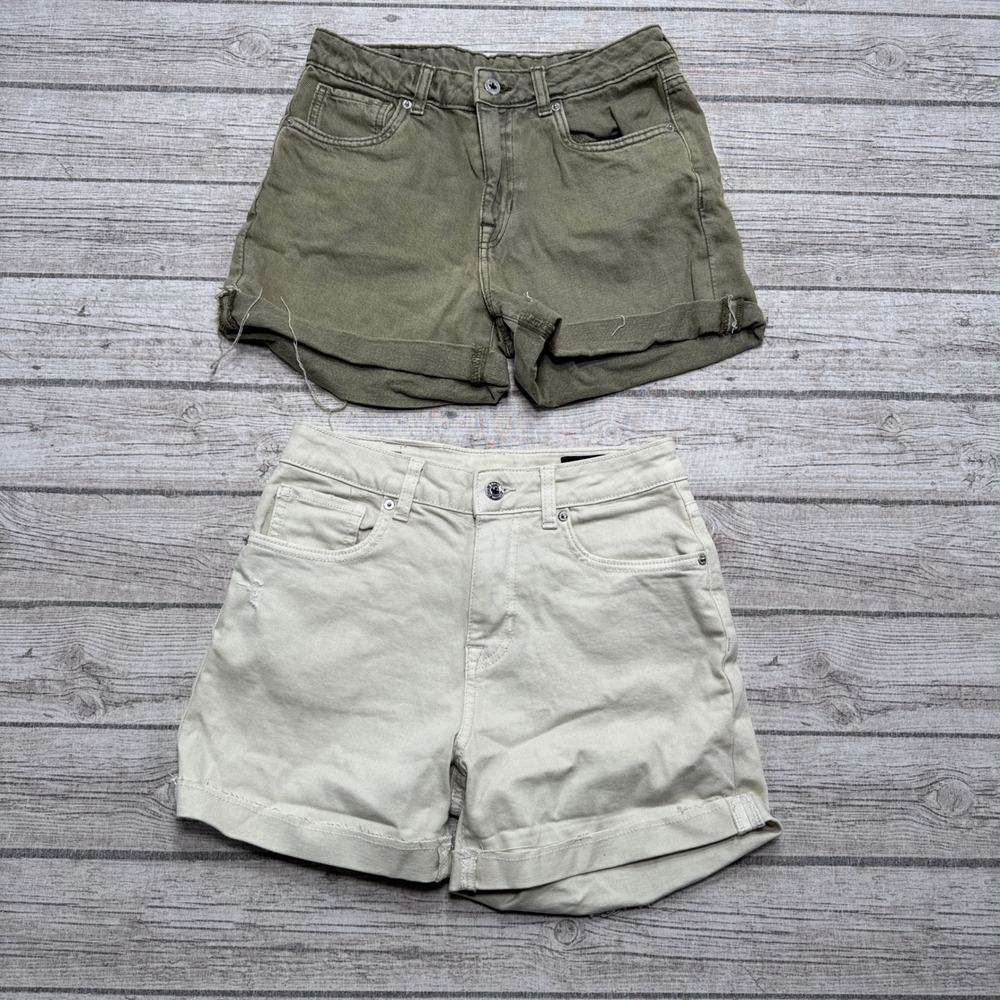 2PCS Buffalo David Bitton Shorts Women's 26 Green White High Rise Goldie Denim